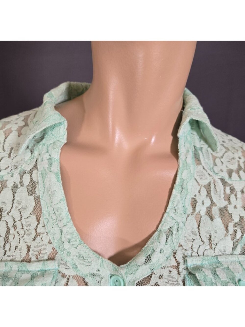 Y2K Aqua Mint Green Lace Button Up Blouse Size XS Office Siren Fairy Coquette - Picture 5 of 11